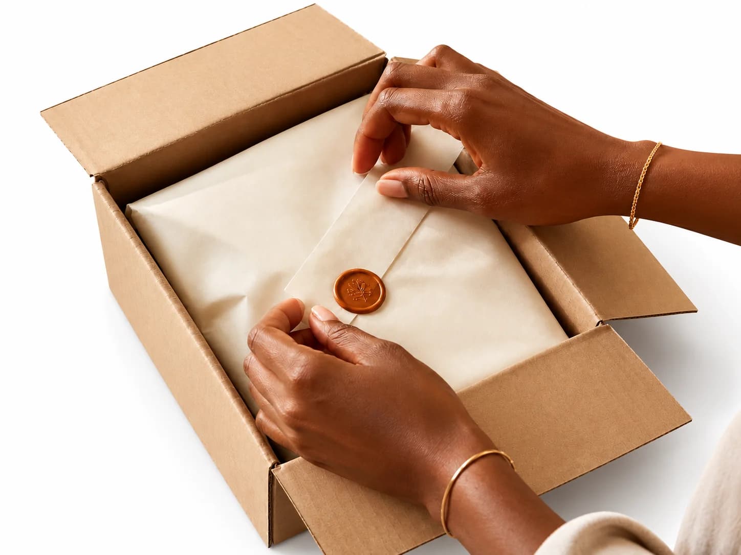 Hands preparing a premium ecommerce order for courier delivery